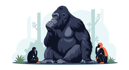 A majestic silverback gorilla sits thoughtfully surrounded by smaller apes in a lush forest environment