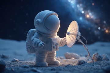 A toy astronaut made of clay is holding a megaphone, standing on a satellite in a 3D render.