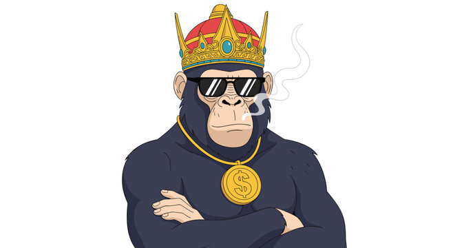 Cool chimp king wearing sunglasses and smoking a cigarette with crossed arms and a gold chain