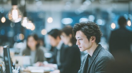 a 28-year-old Japanese business people working in an office while looking at a PC, a smartphone on the desk