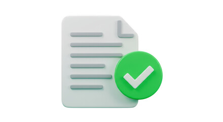 3d document with green check mark isolated on transparent background