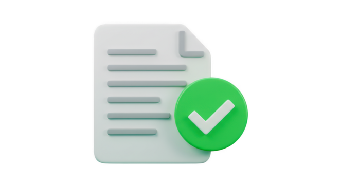 3d document with green check mark isolated on transparent background