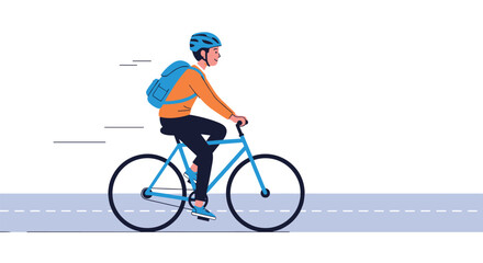 Obraz premium A young man with a blue backpack rides a blue bicycle on a grey path wearing an orange shirt and blue helmet