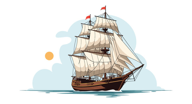A majestic tall ship with full sails glides across the blue ocean under a bright sun and fluffy clouds