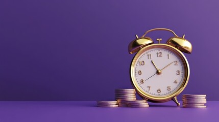 Golden Alarm Clock and Coin Stacks on Purple Background, symbolizing financial planning and time management