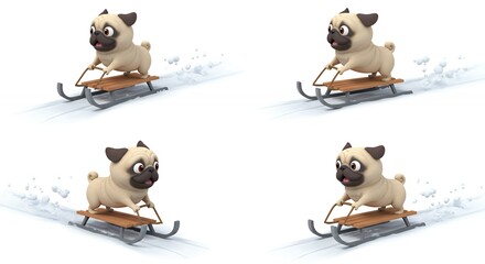 Cartoon pug sledding four images