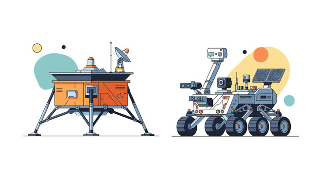 Illustrations of an orange space lander and a white six-wheeled rover exploring a celestial body with abstract shapes