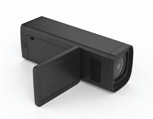 Fototapeta premium Sophisticated black camcorder on white background representing cutting-edge technology
