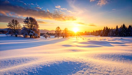 Winter sunrise over snowy fields