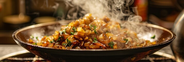 Steam rising from a bowl of caramelized onions freshly grilled and full of flavor.