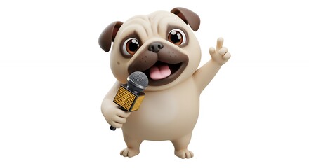 Cute pug cartoon character holding microphone