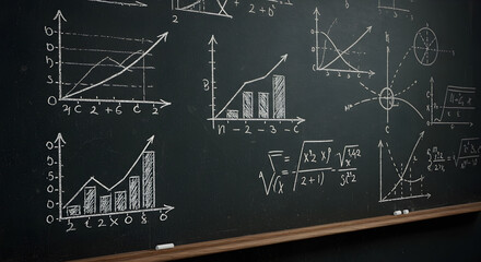 Chalkboard Filled with Hand-Drawn Graphs and Mathematical Equations