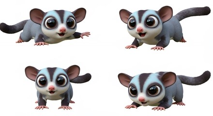 Four cartoon possums in playful poses