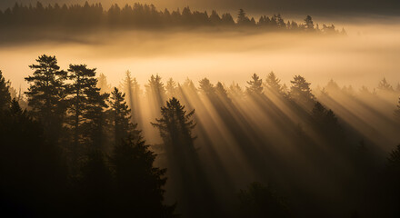 Golden Rays of Sunrise Illuminating Misty Forest