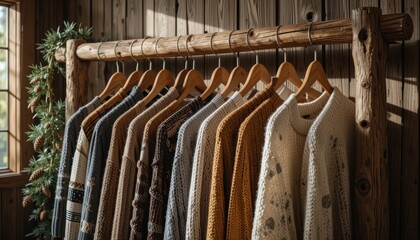 Rustic Elegance: A Collection of Cozy Knits on a Wooden Rack Display