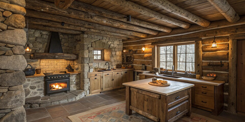Rustic log cabin kitchen with stone walls, wood counters, and a roaring fireplace.
