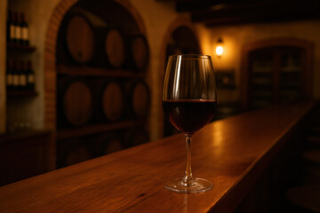 A perfect glass of red wine on the wooden bar surface of the Spanish winery, wine making