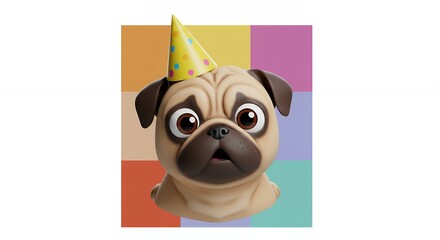 Naklejka premium Pug cartoon character with party hat