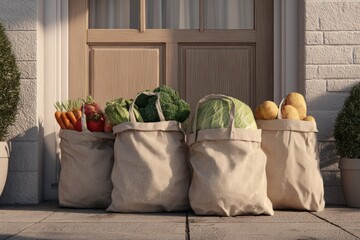 A clay render of grocery delivery bags filled with a variety of fresh vegetables, including bell peppers, carrots, and tomatoes.