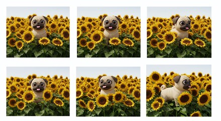 Pug character in a field of sunflowers