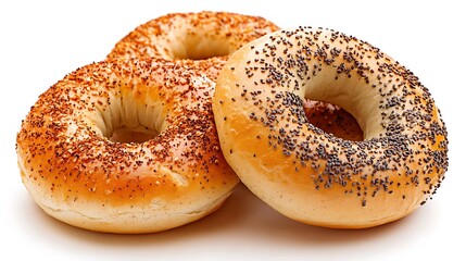 Variety of seasoned bagels close-up on white background. Assorted bagels topped with seeds and spices in close-up view. Crunchy crust, golden finish. Versatile bakery for National Bagel Day