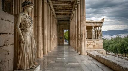 Ancient columns and statues within a historical colonnade.
