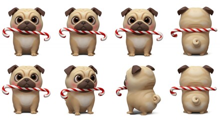 Obraz premium Pug dog holding candy cane multiple views