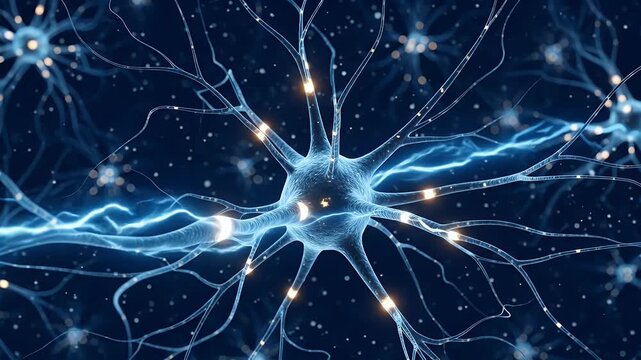 AI-powered neuron pulses traveling through deoxyribonucleic acid-based synaptic web in futuristic brain simulation