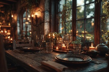 A beautifully set table in a restaurant with a plate and candles on it, creating a cozy and romantic atmosphere.