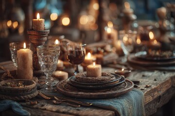 A beautifully set restaurant table with a candle and plates, ready for a romantic evening or special event.