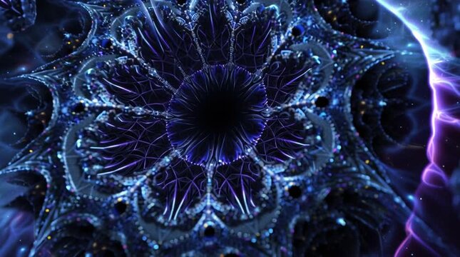 3D Mandelbrot set endlessly zooming inward, with glowing fractal structures, infinite recursion,4k
