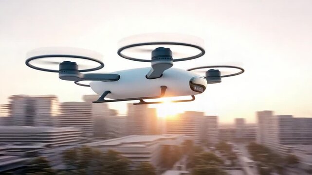 Futuristic air taxi passenger drone showcases innovative technology for future of urban transportation over modern city