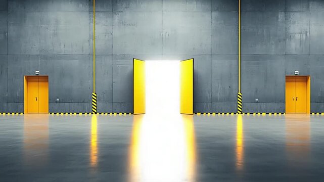 Mysterious open door emitting bright light in concrete warehouse presents an opportunity, glowing choice for new path