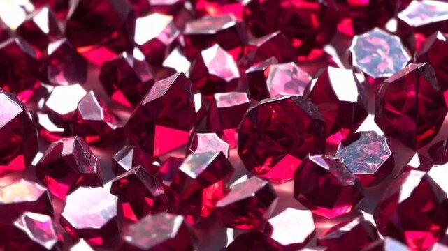 A white surface covered with beautiful red ruby stone crystals shining in the sunlight