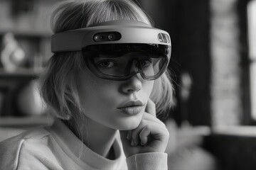 A woman immersed in a virtual reality experience, wearing a VR headset. She is interacting with a virtual environment.