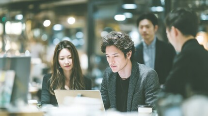a 28-year-old Japanese business people working in an office while looking at a PC, a smartphone on the desk