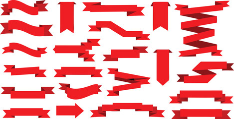 A collection of various red ribbon banners displayed against a stark transarent background design elements