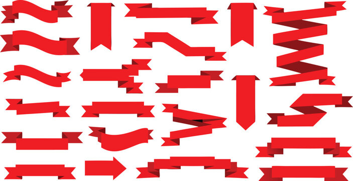 A collection of various red ribbon banners displayed against a stark transarent background design elements