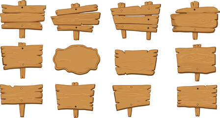 Collection of twelve cartoon wooden signs with different shapes and styles on a transparent background