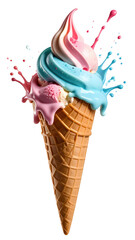 Melting ice cream cone with pastel colors on white PNG