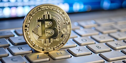 Solid gold Bitcoin coin placed on a keyboard with a stylish, high-tech backdrop — symbolizing the rise of cryptocurrency in the digital era