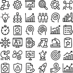 Business strategy planning analysis management process research development growth success innovation icons set