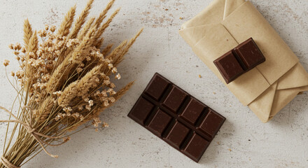 Top view flat lay of dark chocolate bars, kraft paper wrapped gift, and dried wheat stalks, isolated on white background - rustic, natural indulgence and sustainable packaging concept