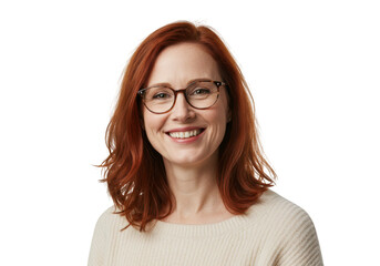 Fototapeta premium Smiling woman with red hair and glasses isolated on transparent background