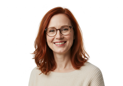 Smiling woman with red hair and glasses isolated on transparent background