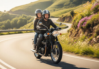 Obraz premium Adventure awaits: a couple riding a motorcycle on a scenic mountain road on a sunny day.