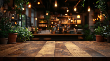 Empty wooden table in front of a blurred bar, plants, and lights