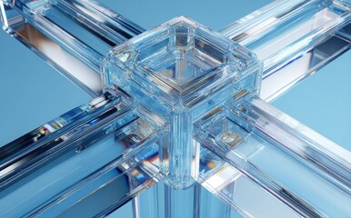 Crystal cube with crossing glass beams on light blue