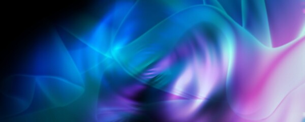 Abstract digital artwork featuring smooth, flowing shapes and gradients. Dominated by vibrant hues of blue