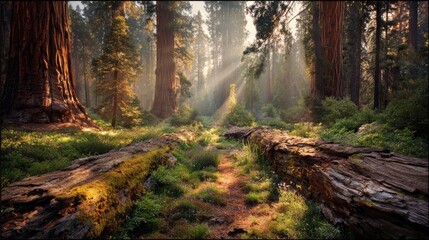 Obraz premium Sunlight streams through a redwood forest.